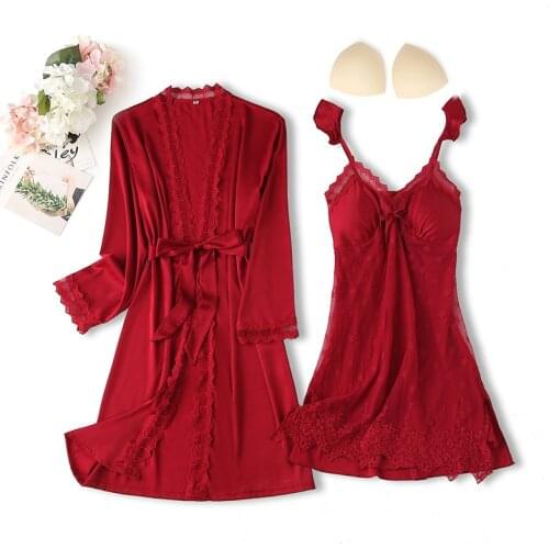 Lace Robe Set Women Kimono Bathrobe Gown Sexy Sleepwear 2021 New Intimate Lingerie Satin 2PCS Nightwear Silky Home Clothes