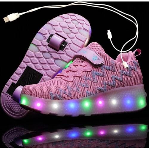 Children One Two Wheels Luminous Glowing Sneakers Gold Pink Led Light Roller Skate Shoes Kids Led Shoes Boys Girls USB Charging