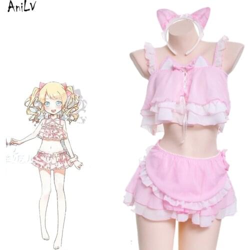 AniLV Anime Lolita Cats Girl Maid Swimsuit Costume Cute Pink Cat Ears Swimwear Uniform Pool Party Cosplay