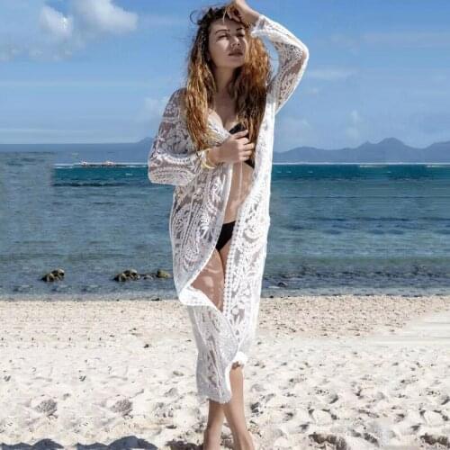 Summer Beach Lace Hollow Cover-Upss Fashion Women Sexy Lace Crochet Long Dresses Beach Dress