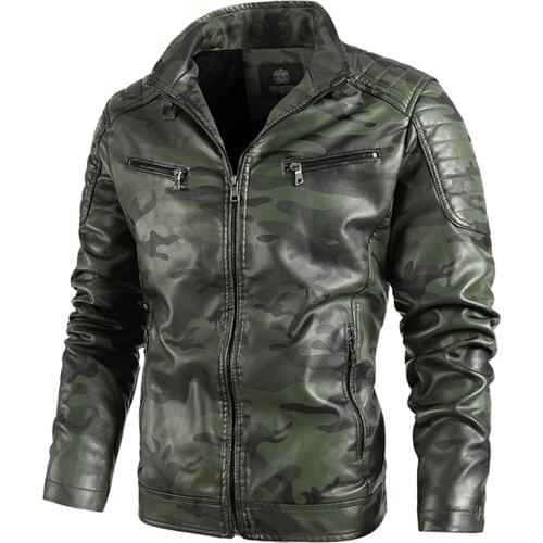 Autumn Winter Men New PU Leather Zipper Jackets Casual Biker Coat Plus Size Camouflage Pint Overcoat Mens Motorcycle Jacket