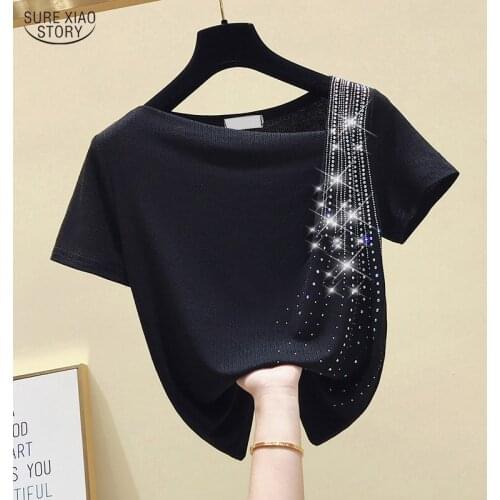 Casual T Shirt for Women Clothing Solid Short Sleeve Tees Tops 2020 Summer Irregular Diamonds Black T-shirt Femme Blusas 10016