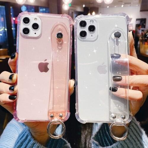 Transparent Glitter Wrist Strap Phone Case For iPhone 11 12 mini Pro Max X XR XS Max 7 8 6 6S Plus SE 2020 Kickstand Cover