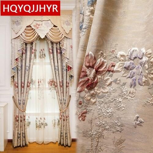 Beige 3D Luxury Villa High Quality Jacquard Full Blackout French Window Curtain For Living Room Bedroom Hotel Apartment Kitchen