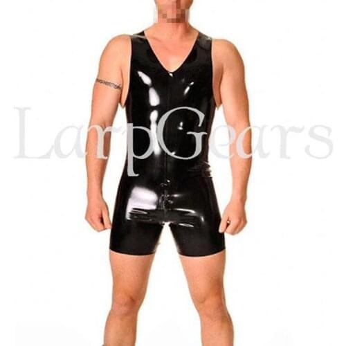 Handmade Sexy Sleeveness Latex Catsuit For Men V-neck Fetish Rubber Costumes Pants Back Crotch Zipper