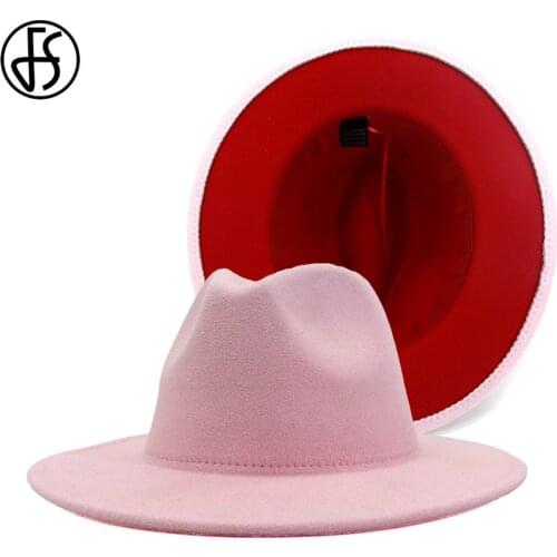 FS 60CM Women Wide Brim Hat Wool Felt Fedora Jazz Pink Red Patchwork Panama Trilby Cowboy Cap Elegant Lady Church