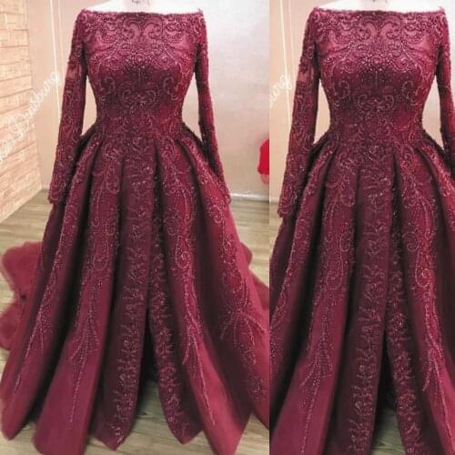 SuperKimJo Gala Jurken Burgundy Prom Dress Boat Neck Beaded Long Sleeve Luxury Prom Ball Gown Vestido De Festa