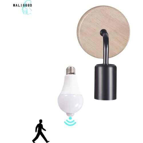 LED Night Light Bulb Smart PIR Motion Sensor lamp Wood Wall Lamp E27 220V Wall Light room decor Sconce Indoor Lighting Fixture
