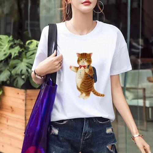 Women Clothing Korean Style Kawaii Cat Print T-shirt Summer Casual Short Sleeve Female T Shirt White Cute Graphic Tee Ladies Top