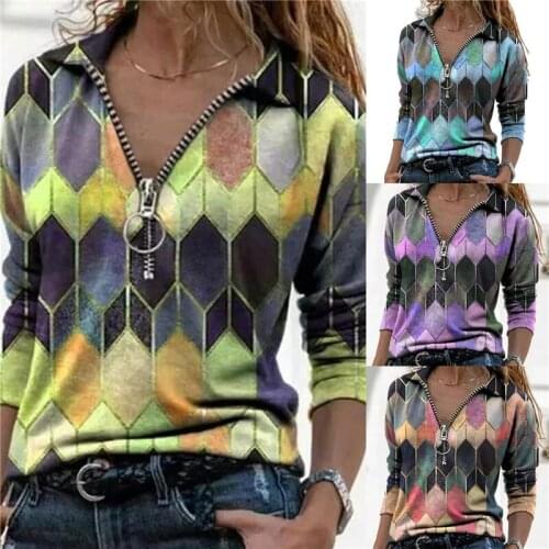 2021 New Women Shirts Casual Long Sleeve Pullover Shirt Geometric Print Zipper Front Lapel Collar Ladies Blouse