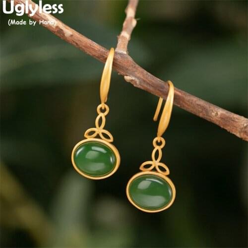 Uglyless Hollow Triangle Leaves Brincos for Women Natural Green Jade Jasper Earrings Gold Gemstones Earrings 925 Silver Bijoux