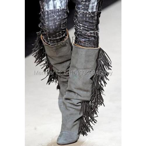 2018 Winter Women Model Style Suede Grey Knee High Fringe Boots Height Increasing Tassel Shoes Fashion Women Wedge Booties