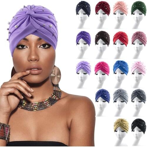 New Fashion Solid Color Beaded Fold Hats Muslim Headscarf Hats For Women With Pearl Wrap Hair Headband Hair Accessories