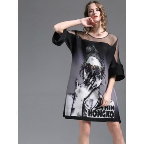 Mesh Patchwork Print Character Short Dress Women Half Flare Sleeve Tshirt Dress Ladies Streetwear Women Dresses Summer 2020 Robe