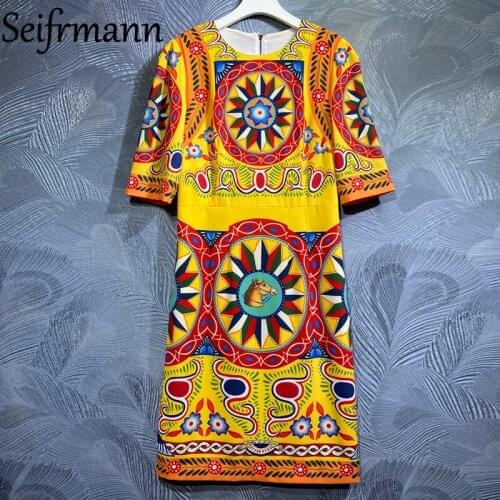 Seifrmann New 2021 Summer Women Fashion Runway Party Midi Dress Half Sleeve Vintage Printed Elegant Patchwork Pencil Dresses