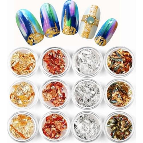 10sets/lot 12 pots/set Gold Silver Copper Foil Paillette Chip Colors Nail Art Glitter Foil Decoration Set Retail D0016XX