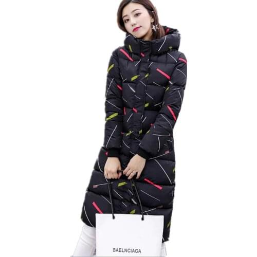 2018 Fashion Print Long Winter Women Jackets Female Hooded Down Cotton Jacket Slim Plus Size 3XL Casual Female Parkas MujerQ568