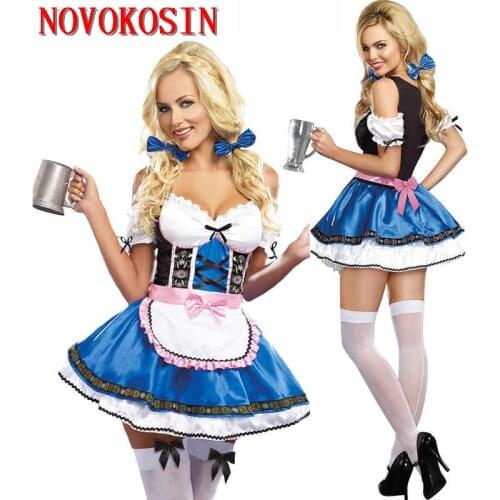 2021 Plus Size Women Restaurant Servant Sexy Pinafore Short Blue Dress Maid Beer Uniform Role-Playing Cosplay Costume With Apron