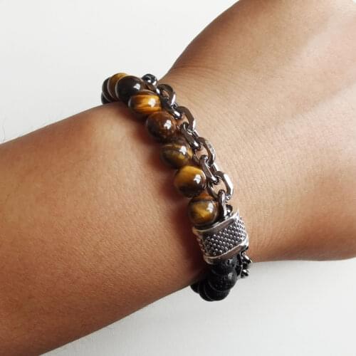 Natural Tiger Eye Stone Beaded Bracelet Mens Stainless Steel Bracelet Natural Stone Metal Chain Bracelet