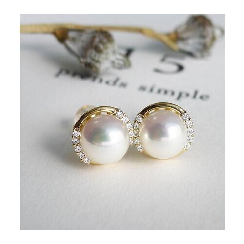 Elegant 8-8.5mm White Genuine Akoya Pearl Stud Earrrings 14K Yellow Gold AAA