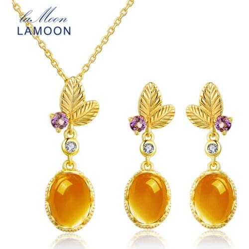 LAMOON classic flower 100% Natural Citrine 925 Sterling Silver Jewelry S925 Jewelry Set V022-2