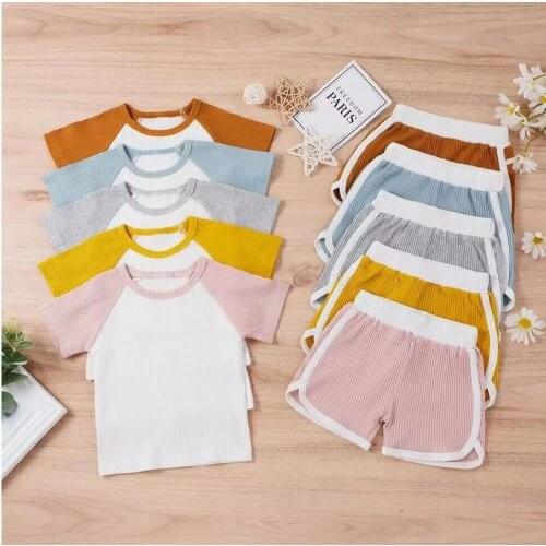 2 Pieces Kids Suit Set Unisex Round Collar Short Sleeve Pullover+ Short Pants for Summer Fall 0-3 Years