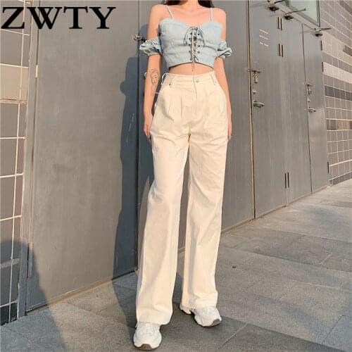 ZWTY Fashion White Solid Womens Jeans Streetwear High Waist Button Denim Pants Vintage Straight Harajuku Basic Trousers