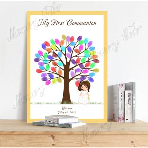 Personalized First Communion Fingerprint DIY Guest Book Custom Kids Name Party Date Spanish Mi Primera Comunión Souvenir Gift