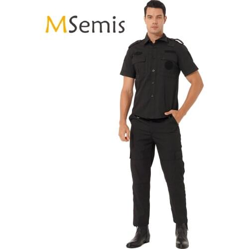 Mens Security Guards Uniform Halloween Police Men Cosplay Role Play Costume Outfits Short Sleeve Button Down Shirt with Pants
