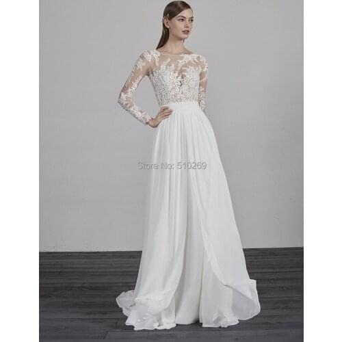 Real Made Bridal Gowns Soft Illusion Lace Sleeve Boatneck Chiffon Tulle Appliques Front Opening Custom Made Wedding Dresses Mari