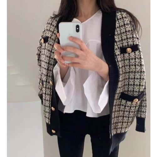 Autumn Winter Check Knitted Sweater Women Korean Long-Sleeved V-Neck Cardigan Jacket Female Casual Loose Overcoat