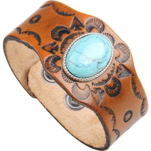 Silver Plated Handmade Leather with Oval Green Turquoises Stone Bangle for Cool Men Ethnic Style Jewelry