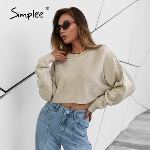 Simplee Casual o-neck long sleeve sweater women Sexy loose solid pullover autumn winter High street female fashion short tops