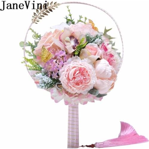 JaneVini Chinese Style Pink Wedding Flowers Bridal Fan Artificial Red Rose Peonies Wedding Bouquet Gold Leaf Tassel Bride Fans