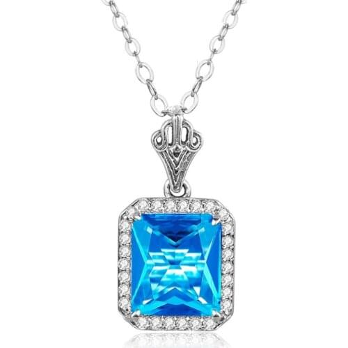 Szjinao Sterling Silver Jewelry Blue Topaz Women Pendant Vintage Square Gemstone With Diamonds Colgantes Jewellery Flash Sale