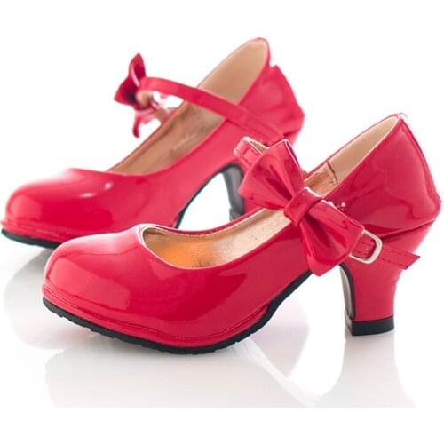 2021 Hot Autumn Hot Kids Shoes For Girls Fashion Princess Leather Dance Party Bow Shoes Shiny Solid Red Color High-Heeled