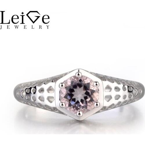 Leige Jewelry Natural Pink Morganite Gemstone Round Cut Wedding Rings For Woman 925 Sterling Silver