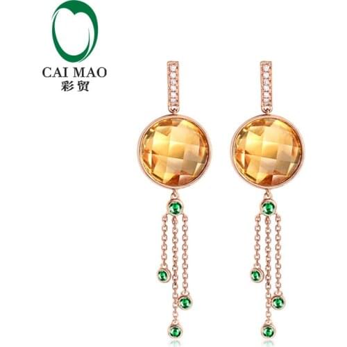 CaiMao Jewelry 6.95ct Natural Round Shape Citrine H SI Diamond 14k Rose Gold Dangle Earrings