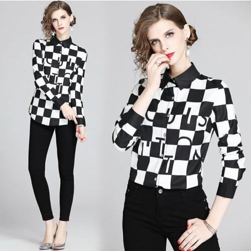 White Black Checked Blouse Women Full Long Sleeves camisas de mujer Turn Down Collar plaid shirt Femme Tops Blusas coigarsam