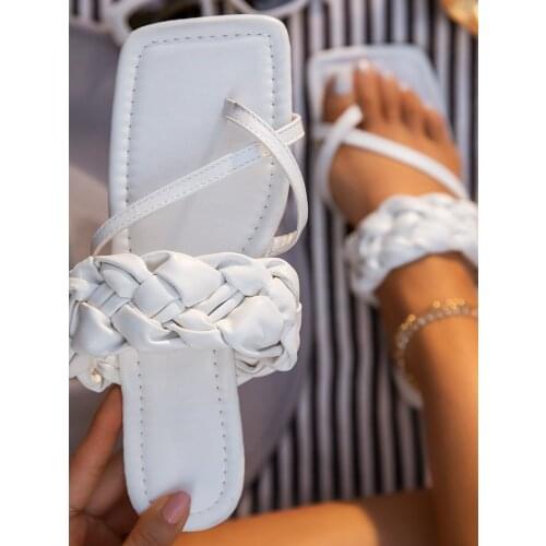 Womens 2021 Summer Sandals Slippers Casual Weave Sexy Outdoor Flip Flops Female Cross-tied Slides Flat Square Heel Plus Size 43