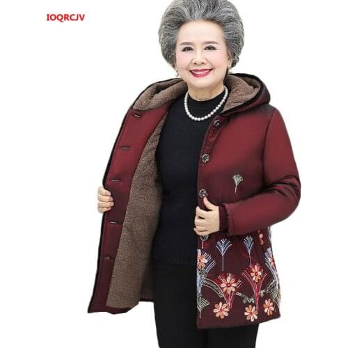 4XL Plus Size Elderly Women Winter Jacket Hooded Warm Plus Velvet Thicked Cotton Coat Grandma Loose Winter Parka Outerwear 1762