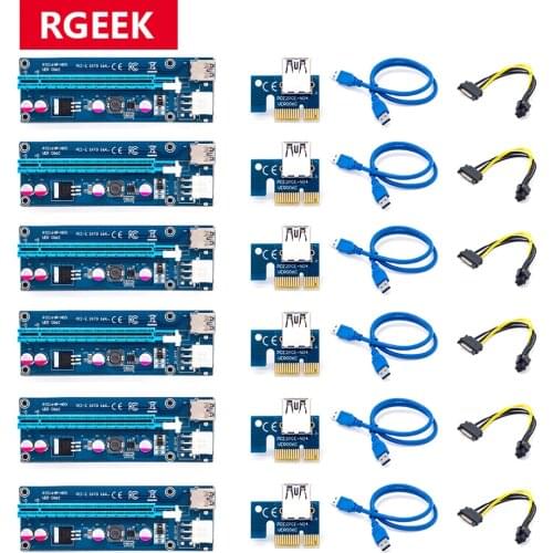 6Pcs 006C PCIe PCI-E PCI Express Riser Card 1x to 16x USB 3.0 Data Cable Adapter SATA to 4Pin IDE Molex 6 pin for Bitcoin Mining