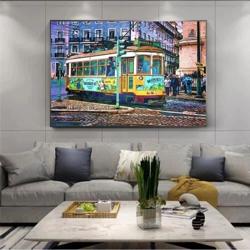 Watercolor Lisbon City Canvas Painting Bus Tram Graffiti Art Posters and Prints Morden Wall Pictures for Living Room Home Decor