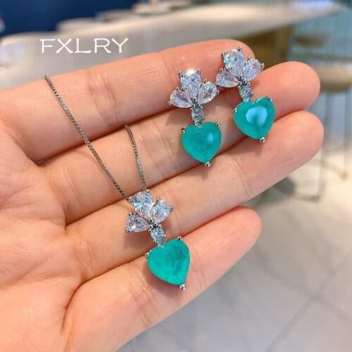 FXLRY Fashion Micro-Inlaid Blue Zircon Ice Cracked Love Heart Pendant Necklace And Earring For Women Jewelry Sets