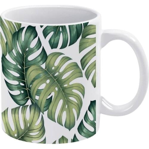 Monstera Botanical Leaves Illustration Pattern on White White Mug Vintage Mug New Unisex Size Mug Leaf Leaves Tropics Tropical V