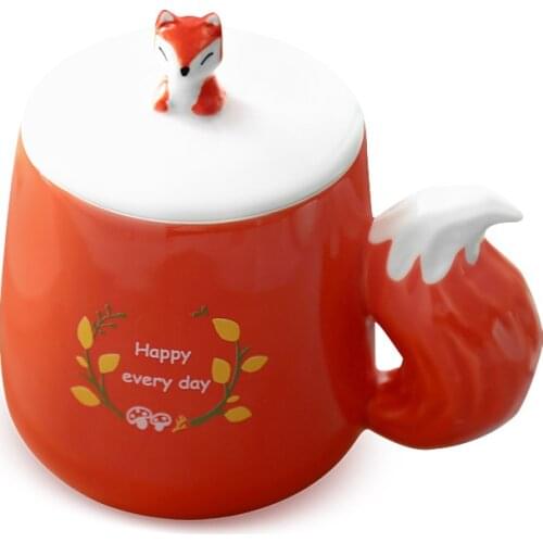 Lovely forest small animal ceramic mug Hand drawn Fox Squirrel Raccoon Milk cup Large tail handle