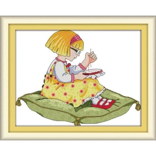 A girl with embroidered cross stitch kit aida 14ct 11ct count printed canvas stitches embroidery DIY handmade needlework