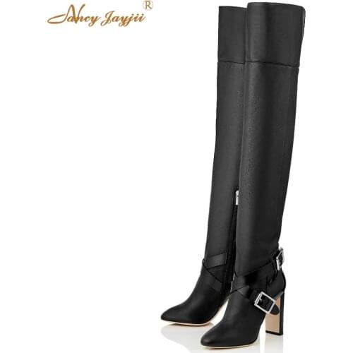Womans Sexy Strap And Buckle Genuine Cow Leather Over The Knee Boots Winter Pointy Toe Zipper Fashion Shoes Square Heel 12 cm