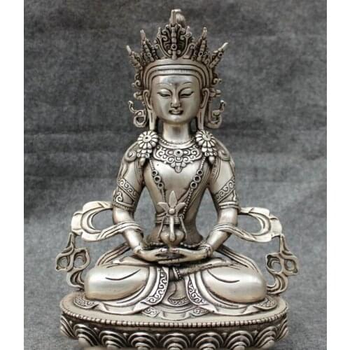Wholesale factory 11" Tibet Silver Buddhism Protect Amitayus Buddha Statue Brass Goddess Joss