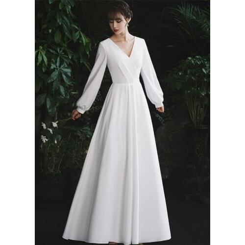 Simple Backless Full Long Sleeve V-neck A-Line Wedding Gowns Floor-Length Elegant Wedding Dress Party Dress